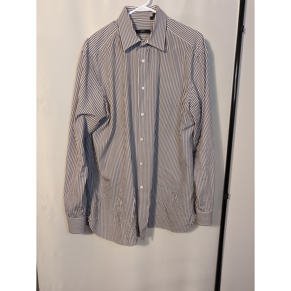 BOSS Hugo Boss Dress‎ Shirt Men's 18/46 Purple Striped Long Sleeve Button Up